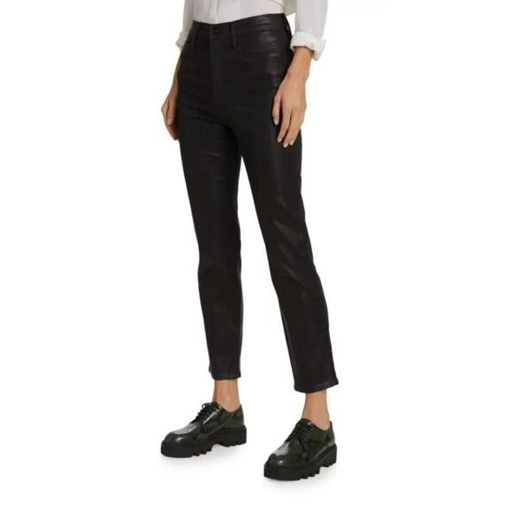 FRAME DENIM Hi-Rise Le Sylvie Slender Straight Jean in Coated Noir Croc - Picture 2 of 16